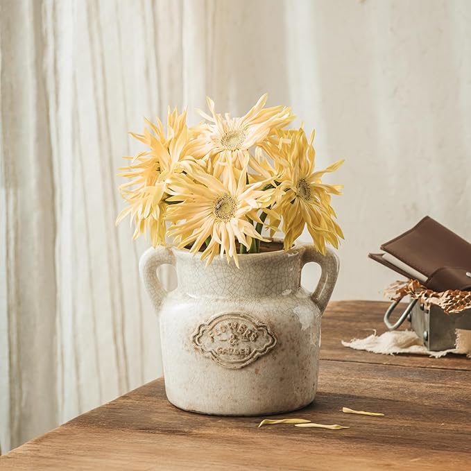 Rustic Ceramic Vase, 5.8 Inch Distressed Wide Mouth Vase with Ice Cracked Glazed, Farmhouse Vintage Flower Vases for Home Office Decor Living Room Bedroom Table Centerpiece Decorations