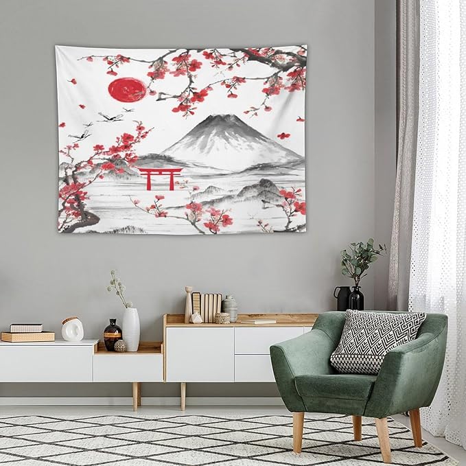 Red Cherry Blossoms Tapestry, Japanese Fuji Mountain Tapestry, Asian Japanese Wall Tapestry, Nature Landscape Tapestries for Bedroom Living Room Decor 40"x30"