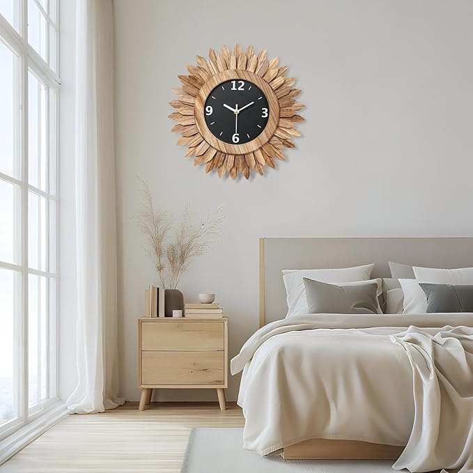 Honiway 14 Inch Wall Clock, Rustic Wood Boho Sunburst Decorative Wall Clocks Battery Operated Silent Non Ticking Farmhouse Small Wall Clocks for Living Room Kitchen Bedroom Home Decor (Rustic Brown)