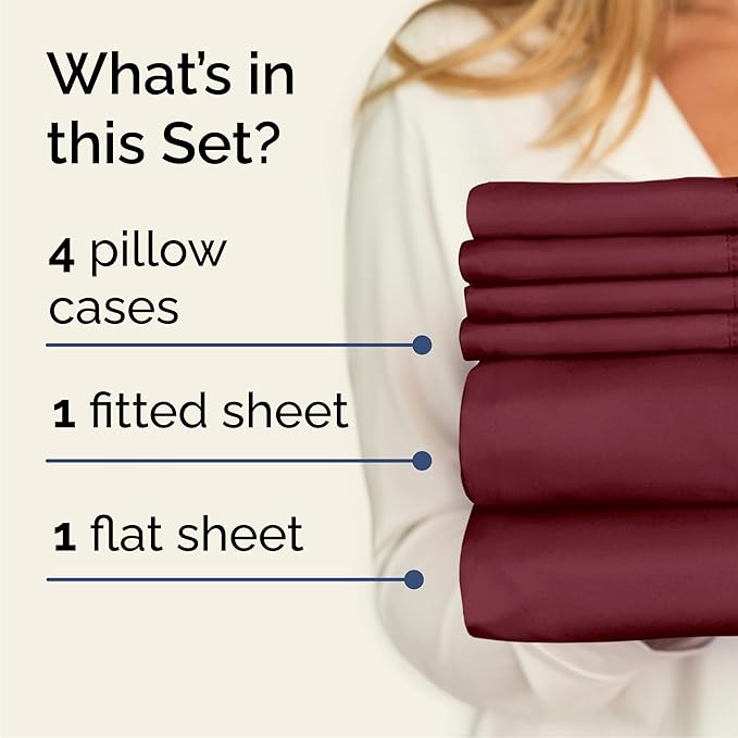 Queen Sheets Set 6 Piece - Includes 4 Pillowcases - Bed Sheets Queen Size - Soft Hotel Luxury Bedding - Cooling, Comfy, Cozy & Breathable - 1 Flat, 1 Fitted & 4 Pillowcases w/ Deep Pockets - Burgundy