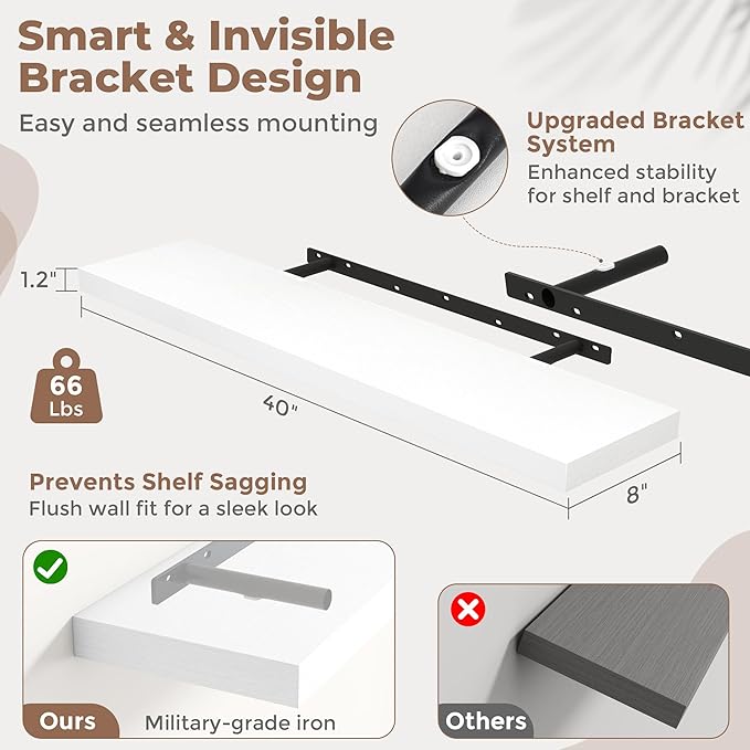 40 Inch Floating Shelves for Wall Set of 2, 8"D Wood Grain Bathroom Shelves with Invisible Brackets, Easy Install Engineered Wood Storage Shelves for Kitchen, Living Room, Bedroom, White Finish