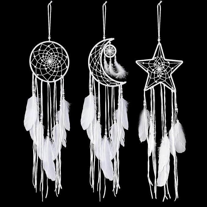 Jetec 3 Pcs Dream Catcher Moon Sun Star Design Handmade Traditional Craft Ornament Wall Hanging Home Decoration Bedroom Wedding Halloween Christmas Decorations(White)