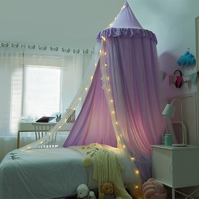 Bed Canopy for with Lights,Double Layer Princess Round Dome Dreamy Mosquito Net Bedding Girls Room Castle Play Tent Hanging House Decor Reading Nook Canopies(Purple/White)