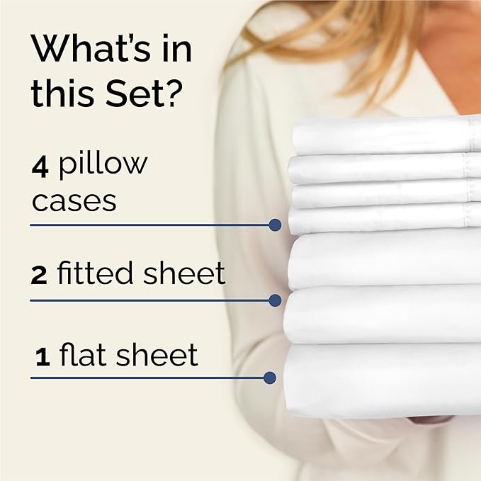 Split King Sheets Set 7 Piece - Includes 4 Pillowcases - Bed Sheets Split King - Soft Hotel Luxury Bedding - Cooling, Comfy & Breathable - 1 Flat & 2 Fitted & 4 Pillowcases w/ Deep Pockets - White