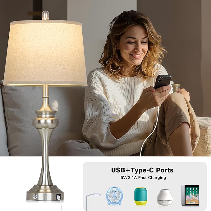 30" Silver Table Lamps Set of 2, 3 Way Touch Control Living Room Lamp with USB A+C Ports, Modern Brushed Nickel Bedroom Lamps, Tall Metal Bedside Lamp for Nightstand Desk Side Table Office