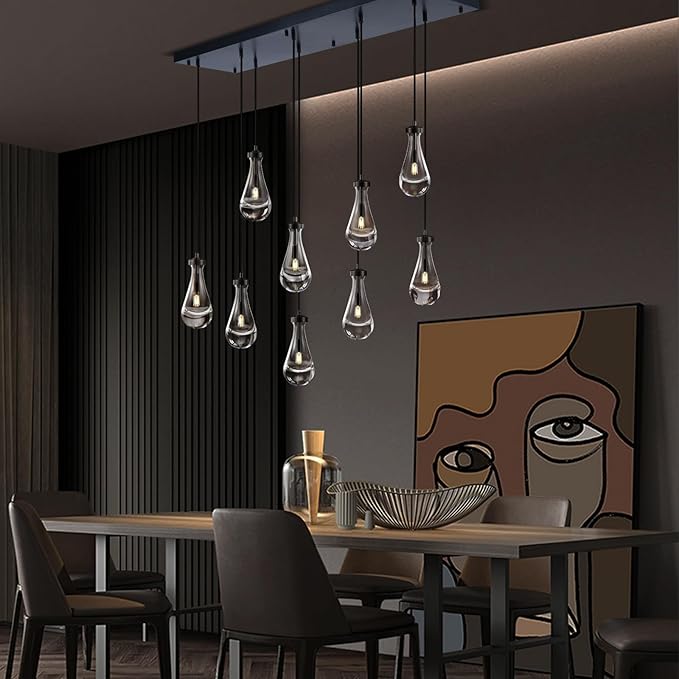 Raindrop 9-Light Chandeliers for Dining Room, Black Dining Room Lights Fixture Over Table, Teardrop Pendant Lights Kitchen Island, Adjustable Rope Hanging Lamp Ceiling for Living Room