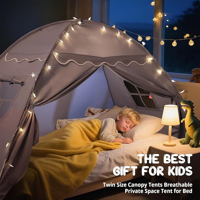 Sumbababy Toddler Bed Tent Canopy: Lights & Flags Indoor Floor Bed Kids Tent Playhouse - Foldable Twin Bunk Bed Curtains - Girls & Boys Bedroom Privacy Space Sleeping Tents Gifts (Large Gray)