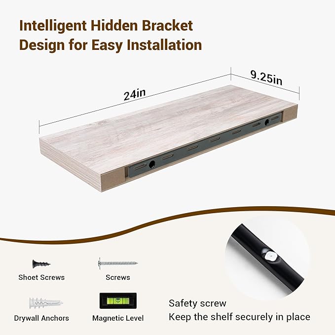 24 Inch Floating Shelves, 3D Textured Wood Grain, 24"x9.25"x1.5" Inch Deep Floating Shelves for Wall, Wooden Shelves for Bathroom, Bedroom, Living Room, Washed White, 2 Pieces