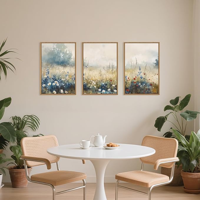 Nature Wildflower Framed Canvas Wall Art Set, Pastoral Landscape Wall Decor, Colorful Meadow Wall Painting, Rustic Floral Art Print for Living Room, Bedroom, Office - 16"X24"X3