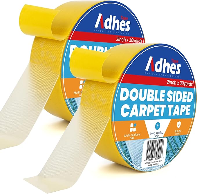 ADHES Double Sided Carpet Tape for Area Rugs – 2 Inch x 30 Yards x 2 Rolls, Heavy Duty Adhesive, Residue-Free, Rug Grippers for Hardwood Floors, Tile, and Carpeted Surfaces