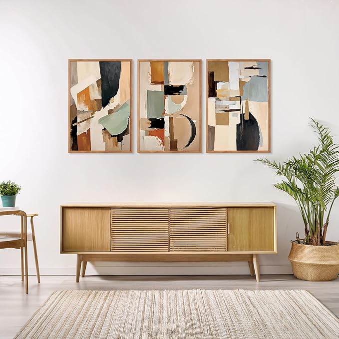 Aurlan Neutral Japandi Wabi Sabi Hand Painted Wall Art(16"x24"), 3PCS Abstract Modern Minimalist 3D Textured Canvas Artwork, Large Contemporary Terracotta Brush Strokes Decor Prints for Office Bedroom