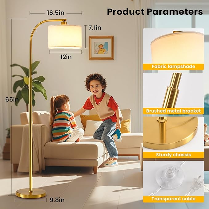 Tall Floor Lamp for Living Room,65'' Modern Standing Lamps with 9W LED Bulb,Dimmable Floor Light with Fabric Shade,Gold Tall Lamp for Bedroom Office Study Room Corner Dining Room