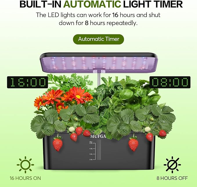 MUFGA 12 Pods Hydroponics Growing System, Indoor Garden with LED Grow Light, Plants Germination Kit, Mini Herb Garden with Pump System, Height Adjustable (No Seed)