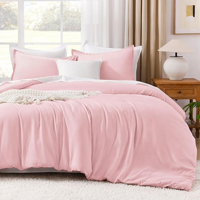 Litanika Pink Comforter Set Full Size, 3 Pieces Girls Women Cute Soft Solid Bedding Comforter Set, All Season Bed Set (79x90In Comforter & 2 Pillowcases)