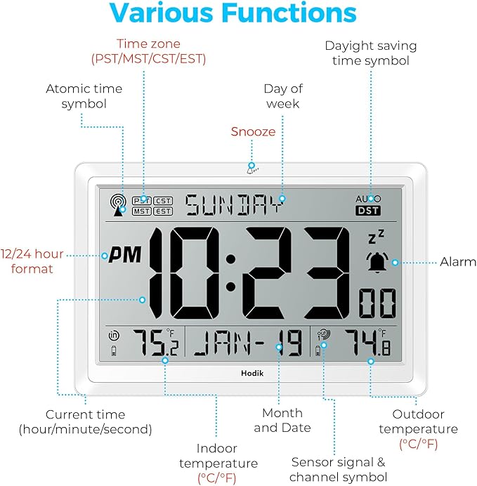 Wall Clock Atomic with Indoor Outdoor Temperature Battery Powered, Easy Reading with 10.5 Inch Large LCD Display, 330FT Range Table Wall Clock with DST, 12/24 Hour for Living Room Kitchen (White)