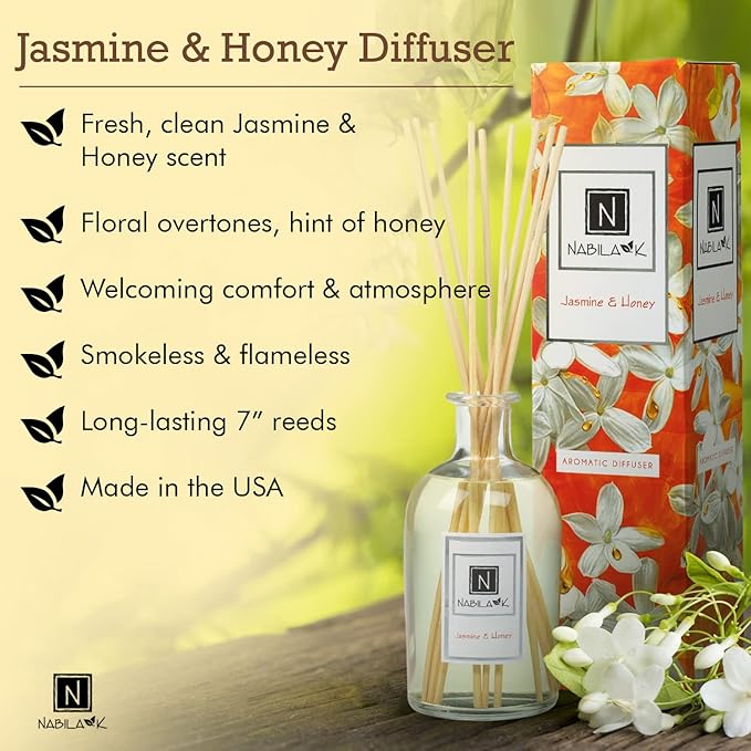 Nabila K Jasmine & Honey Reed Diffuser Set – Mediterranean Floral & Sweet Aromatic Oil for Home – Long-Lasting, Smokeless Scent – Made in USA – Includes Reeds + Bottle – Flameless Candle Alternative