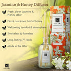 Nabila K Jasmine & Honey Reed Diffuser Set – Mediterranean Floral & Sweet Aromatic Oil for Home – Long-Lasting, Smokeless Scent – Made in USA – Includes Reeds + Bottle – Flameless Candle Alternative