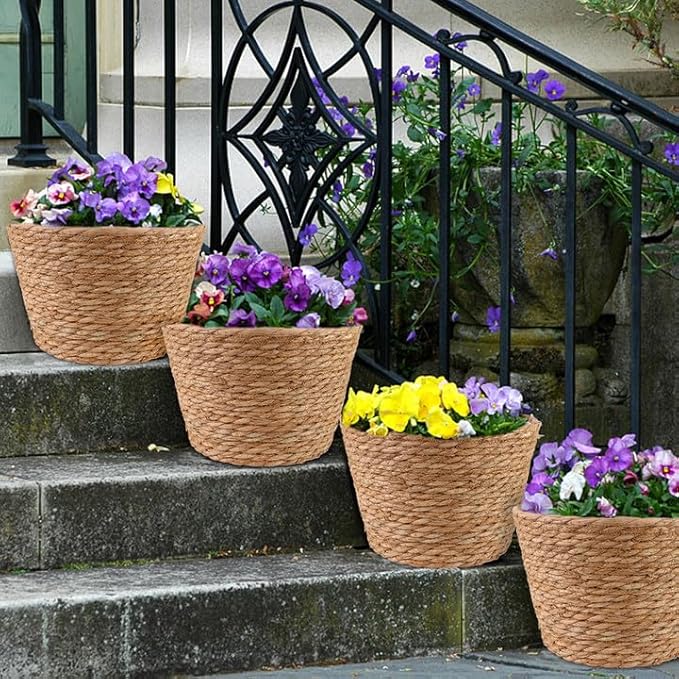 4 Pcs Large Premium Seagrass Planter Basket with Plastic Lining Natural Stylish Planter Baskets Indoor Outdoor Plants Woven Wicker Baskets for Plants Flower Pots Cover and Room Decor(10.2x7.5x7.5")