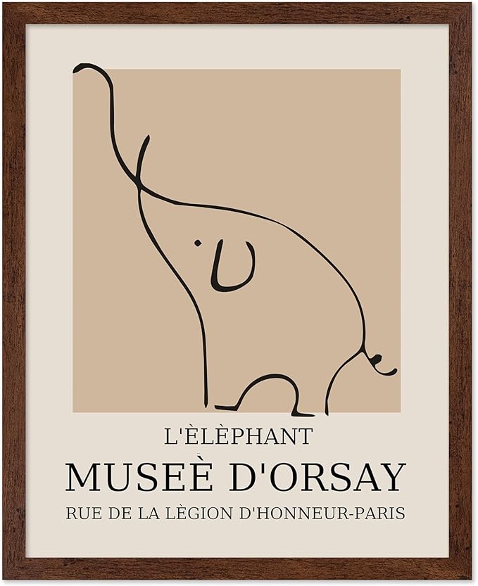 Poster Master Vintage Poster - Retro Minimalist Print - Gift for Artist, Housewarming - Elephant, Line Drawing, Sketch, Abstract - Wall Decor for Living Room, Bedroom, 11x14 Brown Framed