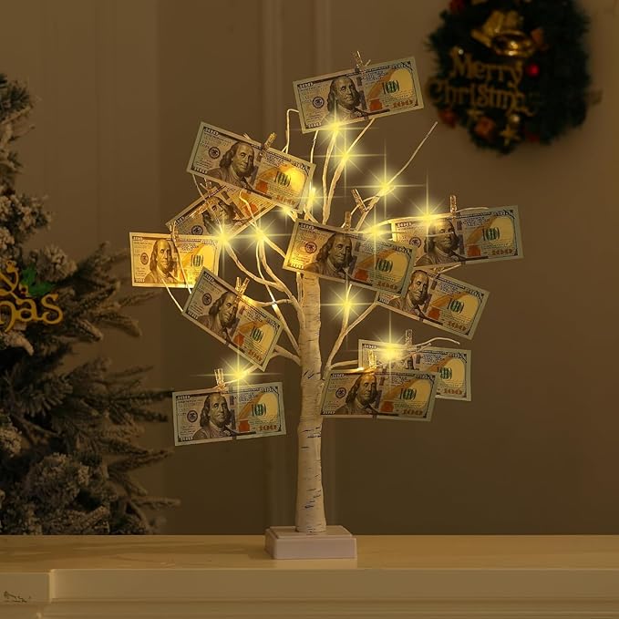 4 Pack Money Tree Gift Card Holder LED Birch Twig Tree Lights Graduation Decorations Battery/USB Powered Light Up Display Twig Gift Card Trees with 22 Clear Clips for Money Card Photo
