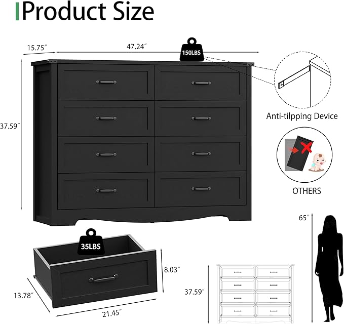 Dresser for Bedroom with 8 Drawers, 48" Wide Wood Chest of Drawers with Deep Drawers & Mental Handle, Modern Dresser TV Stand, Wooden Closet Storage Organizer for Living Room, Hallway, Entryway, Black