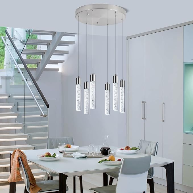 Modern Chandeliers for high Ceilings, Brushed Nickel Foyer Pendant Lighting with Preminum Bubbles, Pendant Lights Kitchen 6-Lights Dimmmable for Foyer Dining Room, Kitchen Island,Bars…