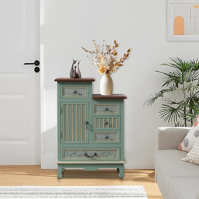Vintage Accent Chest with 5-Drawers and Door Carved Wood Storage Cabinet Modern Dresser for Living Room, Entryway, Hallway, Sage Green
