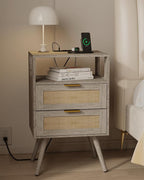Rattan Nightstand with Charging Station,Farmhouse Bedside Table with 2 Storage Drawer and Open Wood Shelf, for Bedroom and Small Spaces,Night Stand with Solid Wood Legs (Grey Oak-Outlet)