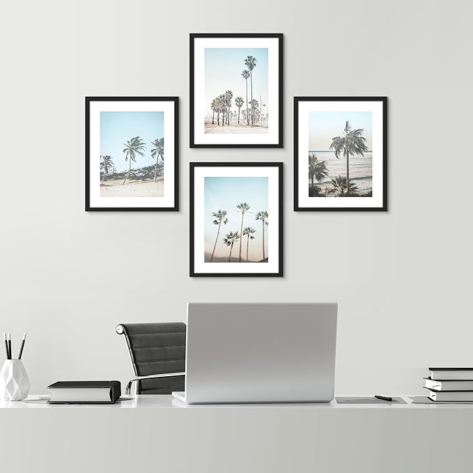 SIGNWIN Framed Washed Out Tropical Island Wall Art, Set of 4 Island Palm Tree Beach Landscapet Wall Decor Prints, Nature Wilderness Wall Décor for Living Room, Bedroom - 11"x14"Black