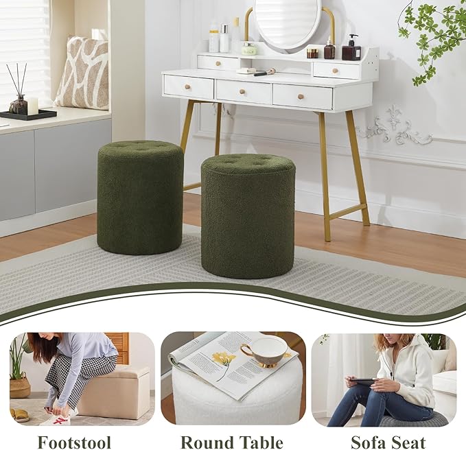 Modern Round Ottoman 2Pcs, Classic Foot Stool Ottoman, Teddy Fleece Upholstered Vanity Stool for Makeup, Bedroom, Living Room, Dark Green