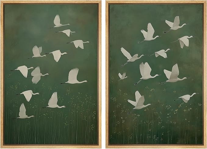 SIGNFORD Framed Canvas Print Wall Art Set Flight of Cranes Elegant Birds in Soft Green Hues Illustration Modern Art Decorative Nordic Nature for Living Room, Bedroom, Office - 16"x24"x2 Natural