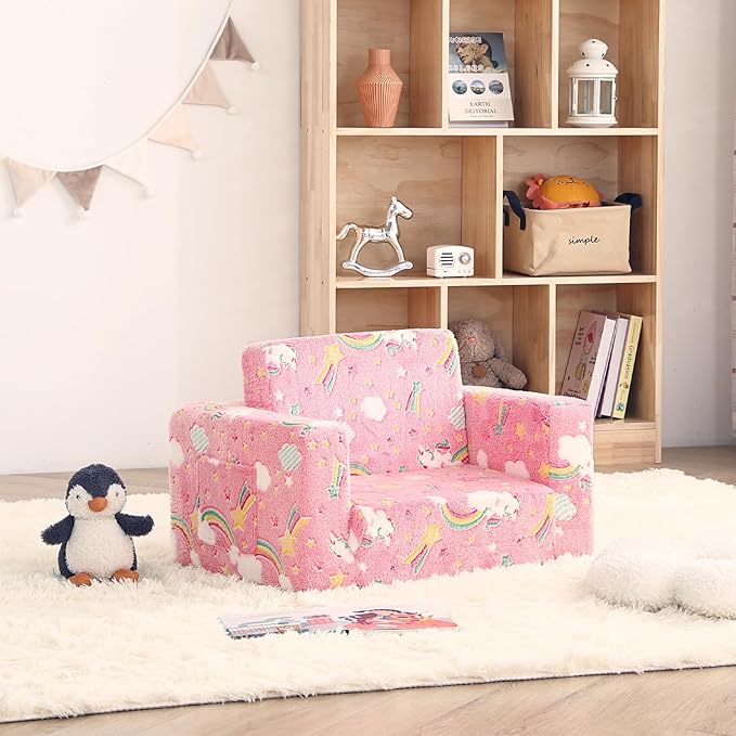 Toddler Chair Kids Couch, 2-in-1 Comfy Armchair with Removable and Washable Cover Carrying Handle, Convertible Reading Chair Toddler Couch for Girls and Boys, Pink Rainbow