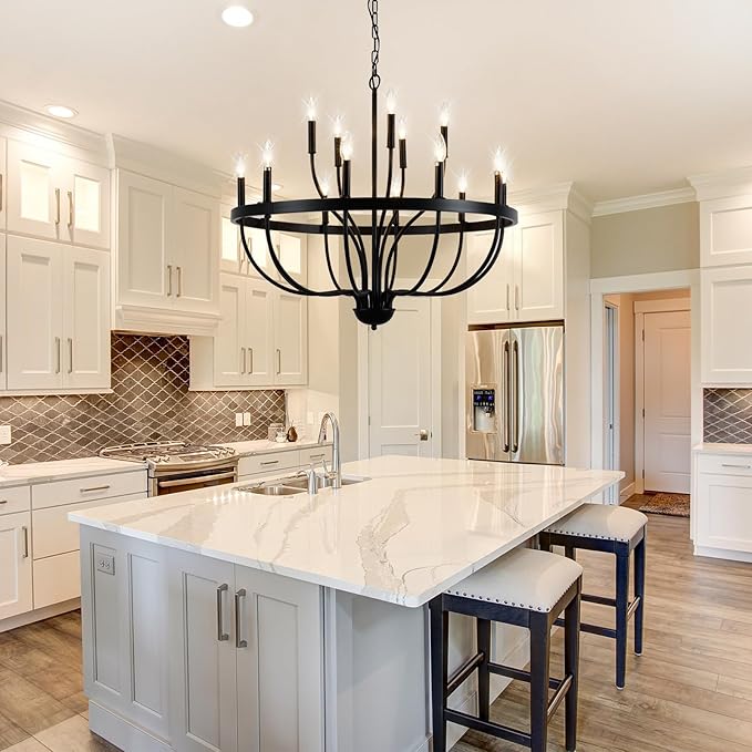 Black Chandelier 15-Light Industrial Iron Candle Chandelier Modern Suspended Farmhouse Chandeliers Pendant Light Fixtures for Dining Room Bedroom Living Room Kitchen Island Foyer E12 Bulb