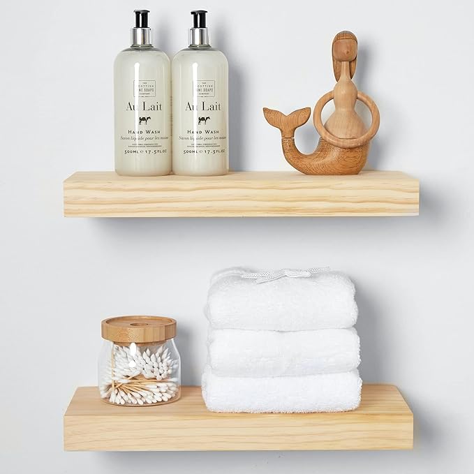 Homeforia 16 inch Natural Floating Shelf, High End Solid Real Wood 16inch Small Floating Shelves for Wall Mounted, Natural Wooden Floating Shelves, Heavy Duty Bracket, 16 X 6.5 X 1.75 in, Set of 2