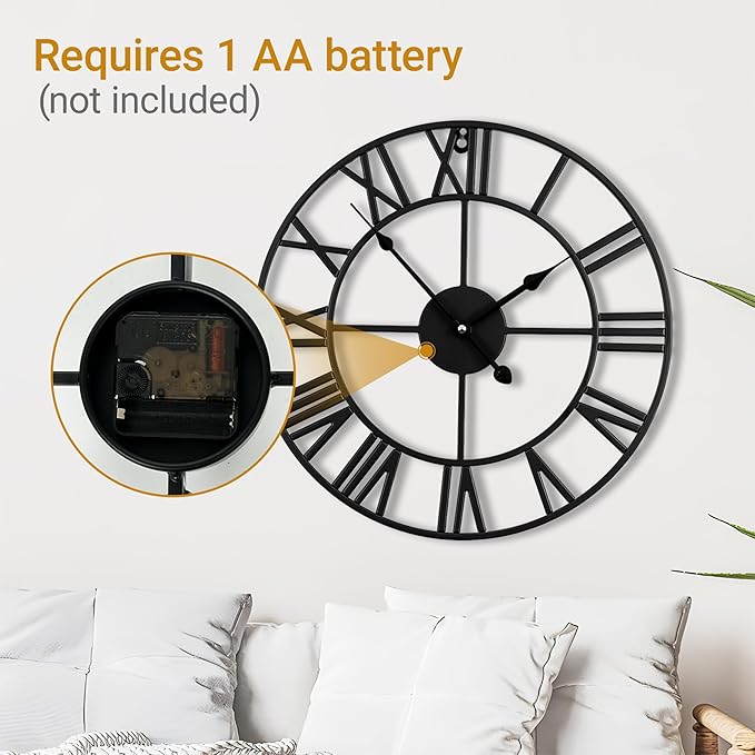 16inch/40cm Wall Clocks Battery Operated,Wall Clocks for Living Room Decor, Bedroom,Office,Bathroom,Silent,Large Wall Clock for Home and Kitchen,Farmhouse (Iron Roman Numerals, 16 inches)