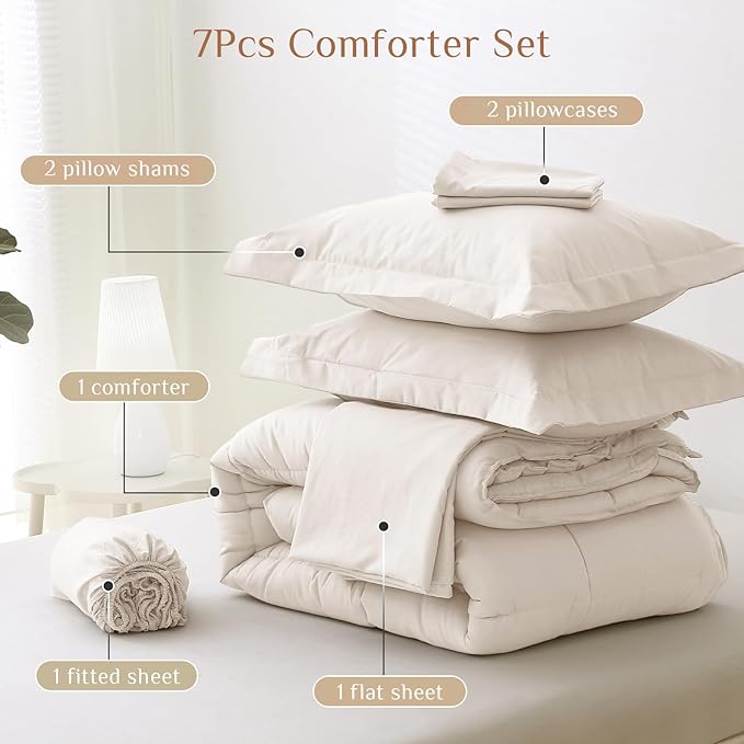 JOLLYVOGUE King Comforter Set, Ultra-Soft Bed in a Bag King Size 7 Pieces, Oeko-TEX Certified Bedding Set with Down Alternative Comforter, Sheets, Pillowcases & Shams, Beige