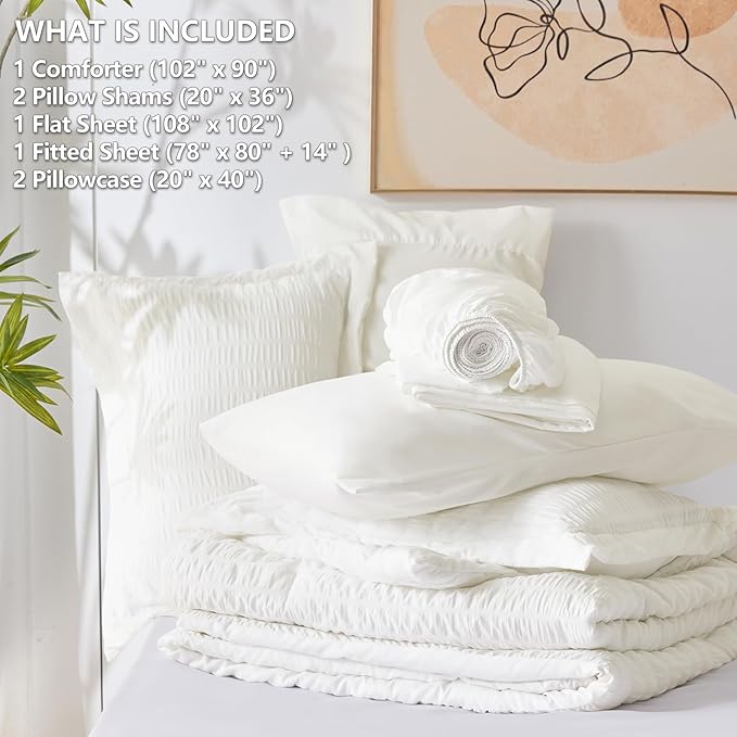 CozyLux King Size Comforter Set Ivory Seersucker 7 Pieces Bed in a Bag King Comforter Set with Sheets, Luxury Soft Bedding Set with Down Alternative Comforter, Sheets, Pillowcases & Shams All Seasons