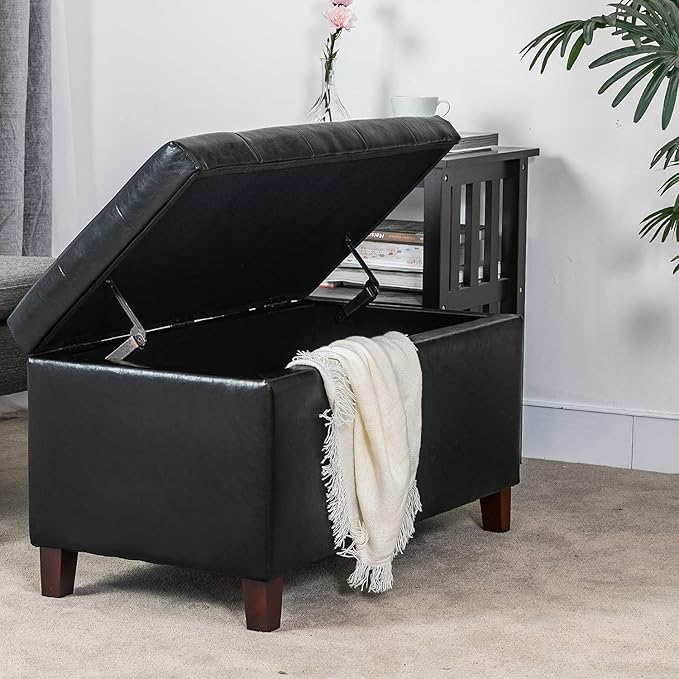 Asense Storage Ottoman Bench, Faux Leather Upholstered End of Bed Bench with Safety Hinge Wooden Legs, for Entryway Bedroom (Black, 33.3")