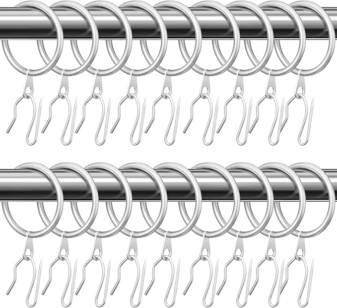 Hotop 60 Pieces 1.26 Inch Metal Drapery Curtain Rings Curtain Hanging Rings and 60 Pieces Metal Drapery Pin Hooks for Drapes Window Door Shower (Matt Silver)