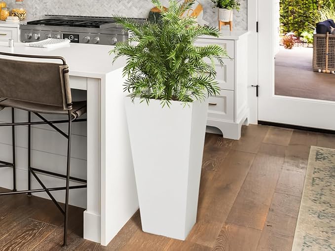 Worth Garden 2-Pack White Matte Texture Square Tapered Planter - 25.5" H. Tall Plastic Plant Pots with Drain Hole for Indoor Outdoor - Modern Decorative Flower Pots for Front Porch, Patio, Deck