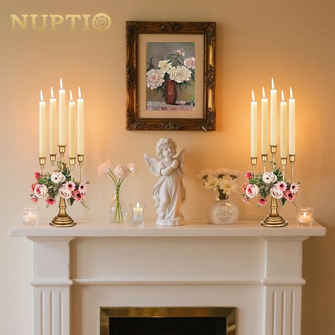 NUPTIO Gold Candelabras Candle Holder Set of 2 Metal Candelabra Centerpieces 5 Branches Candle Stick Stands Candleholder Fireplace Wedding Reception Antique Decorative Dinning Table Christmas
