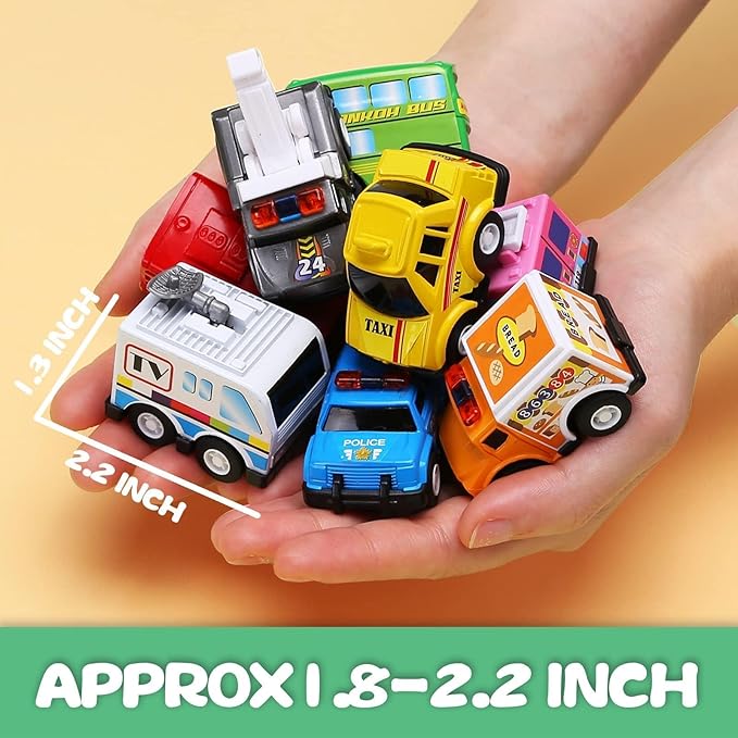 18 Pack Assorted Pull Back Car Toys for Kid with Storage Organizer Box, Mini Model Vehicle Set with Display Case for Child Toddler, Small Play Truck Bulk for Boy and Girl Party Favors, Birthday Gift