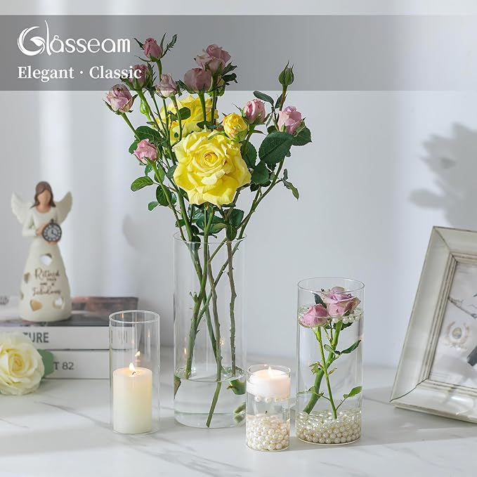 Glasseam Hurricane Glass Candle Holders: Set of 6 Cylinder Candle Holders for Table Centerpiece Modern Glass Vases for Centerpieces Large Clear Flower Vase Decorative for Wedding