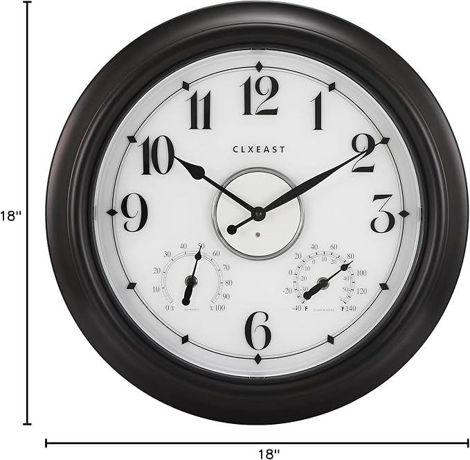 CLXEAST Illuminated Indoor Outdoor Clocks Waterproof 18 inch with Smart Night Light Sensor,Large Wall Clock with Thermometer & Hygrometer,Oil Rubbed Bronze Black,House Warming Gifts New Home