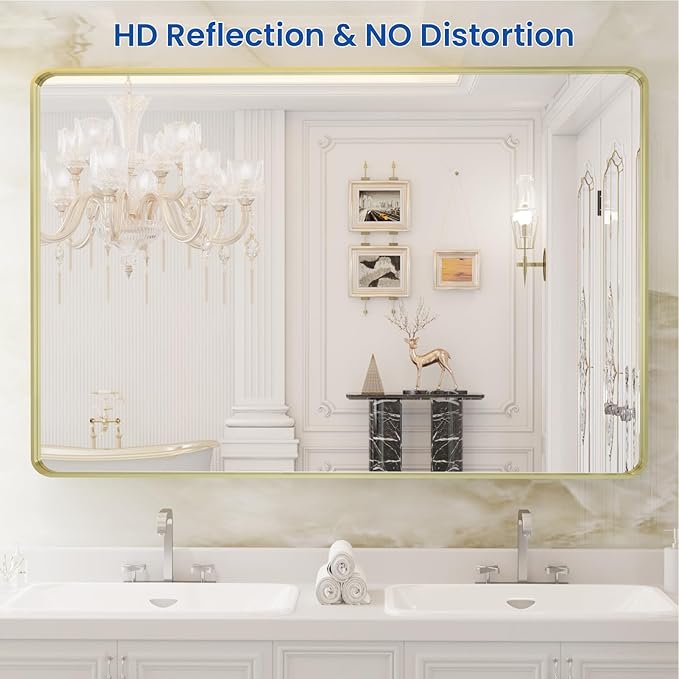 WEER Gold Bathroom Mirror, 40X30 Inch Brushed Gold Metal Frame Mirror, Rounded Rectangle Gold Bathroom Vanity Mirror for Wall, Tempered Glass, Anti-Rust, Hangs Horizontally or Vertically