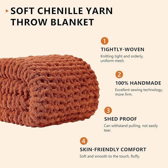 L'AGRATY Chunky Knit Blanket Throw: 50''x60'' Chenille Chunky Knitted Throw Blanket for Bed Couch - Handmade Thick Big Cable Knit Blanket - Large Crochet Rope Blanket for Home Decor(Rusty Orange)