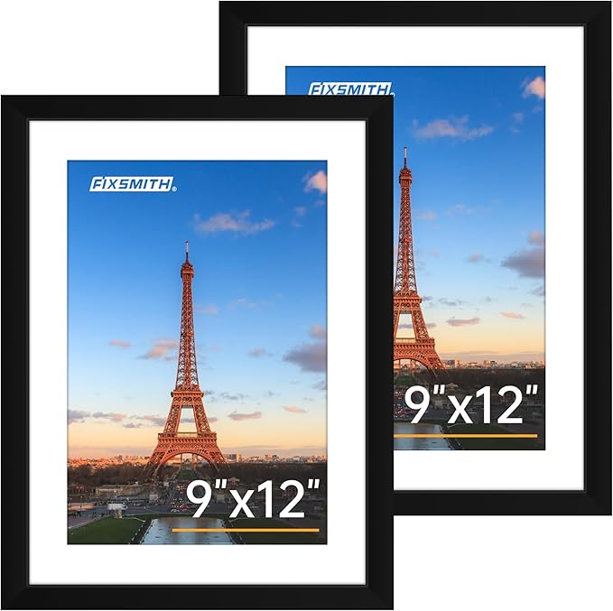 FIXSMITH 9x12 Picture Frame Set of 2, Photo Frame with HD Plexiglass, Display Pictures 6x8 with Mat or 9x12 Without Mat, Black Picture Frames Collage Wall Decor, Gallary Wall Frame