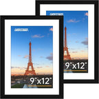 FIXSMITH 9x12 Picture Frame Set of 2, Photo Frame with HD Plexiglass, Display Pictures 6x8 with Mat or 9x12 Without Mat, Black Picture Frames Collage Wall Decor, Gallary Wall Frame