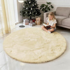 Fluffy Round Area Rugs for Bedroom,Ivory 3'X3'Shag Circle Area Rugs for Girls Room,Non Slip Fuzzy Plush Rug for Kids Room Living Room and Dorm Home Rug