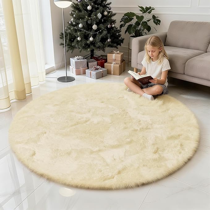 Fluffy Round Area Rugs for Bedroom,Ivory 6'X6'Shag Circle Area Rugs for Girls Room,Non Slip Fuzzy Plush Rug for Kids Room Living Room and Dorm Home Rug